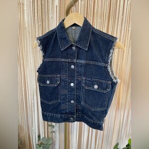 vintage Guess dark wash denim vest ‘type 2’ style w/ distressed cutoff armholes.